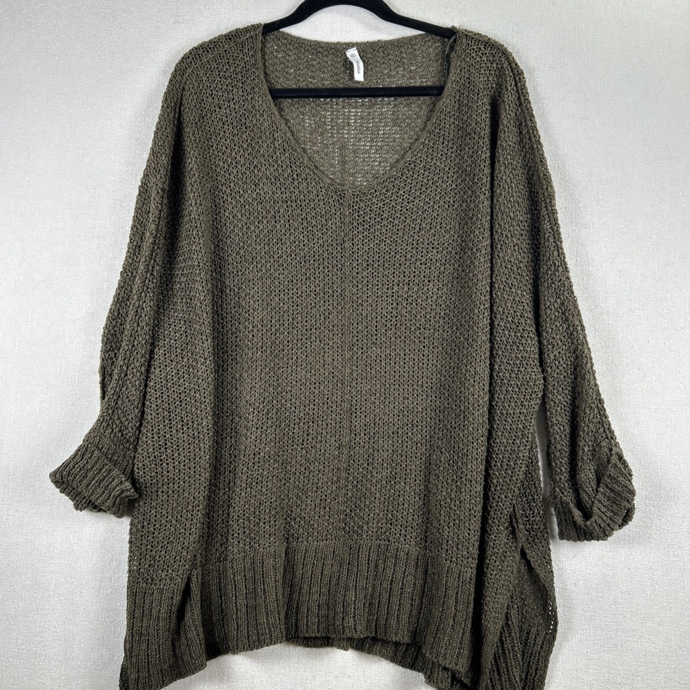 WISHLIST green crochet oversized‎ M/L v-neck sweater Side Slit Sheer